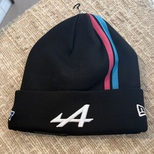 New Era Alpine F1 Black Beanie with Pink & Blue Stripes and White 'A' Logo
